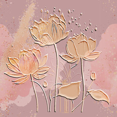 Lotus flowers textured 3d seamless pattern. Floral embossed watercolor pink background. Grunge dirty backdrop. Line art golden flowers, leaves.  Abstract hand drawn surface emboss lotus ornaments