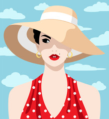 1370_Beatiful woman wearing large sun hat and red dress - 589945909