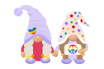 Obraz premium Cute lesbian couple gnomes with poster. Pride month gnome. Lgbt gnome. Gnome girls.