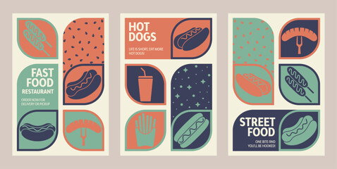 Social media marketing posters for junky fast food or hot dog's promotions. Includes logo, business icon, and abstract digital background. Ideal for online sales or restaurant promotion. vector layout