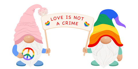 Cute  gay couple gnomes with poster. Pride month gnome. Lgbt gnome. Love is not a crime. 