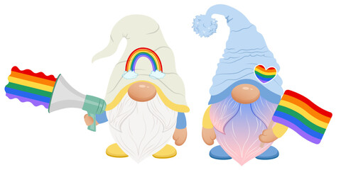Cute  gay couple gnomes with flag and megaphone. Pride month gnome. Lgbt gnome. 