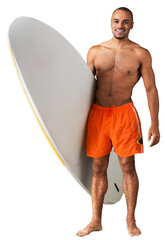 Surfer holding a surfboard isolated in white background - obrazy, fototapety, plakaty