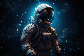 AI generated image of an astronaut floating in space with dust and stars