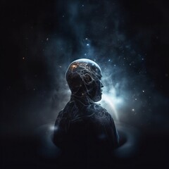Universe meta human spirit silhouette on galaxy space background. Generative AI.