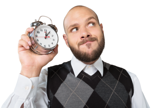 Man holding alarm clock  isolated on white background - Powered by Adobe