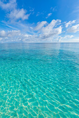 Crystal clear sea water bay. Pristine ocean lagoon sunny cloudy sky, idyllic relaxing seascape....