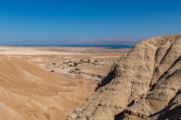 Fototapeta na wymiar View from Wadi Rahaf area in the Judean Desert with the Dead Sea in Israel. 