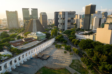 Aerial View of Lapa Aqueduct With City Downtown in Rio de Janeiro