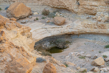 View from Wadi Rahaf area in the Judean Desert near the Dead Sea in Israel.
