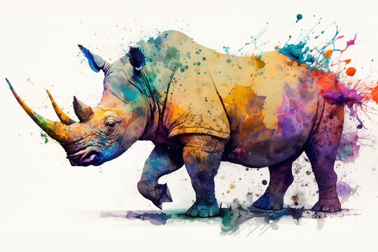 Fototapeta Watercolor of a Rhinoceros in aquarelle style with paint splatters background. Wild Animals paint splatters white background, Generative AI