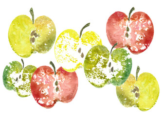 Apple stamps watercolor isolated on white background 
