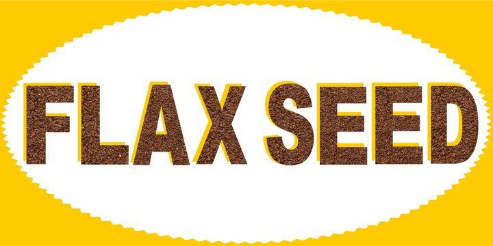 Flax Seed text with flaxseed fill image text written on yellow and white background. Stamp, sign,  poster, banner