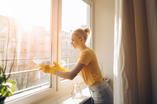 Woman washing window, Generative AI