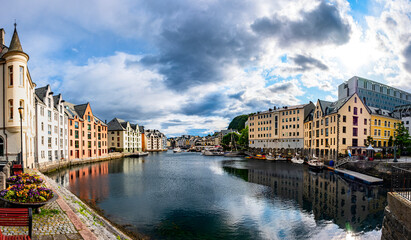 Colorful Art Nouveau architecture in the port of the city of Alesund, Norway