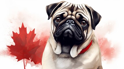 Cute pug dog wearing red glasses for Canada Day, Generative ai