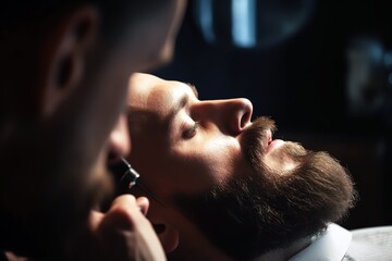 Barber shearing beard of man. Close up shot. Generative AI
