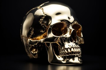 Gold metal skull over black background. Close up shot. Generative AI