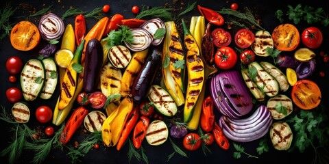 Variety of colorful roasted vegetables. Generative AI