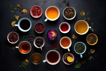 Herbal and spices teas top view layout over dark background. Generative AI