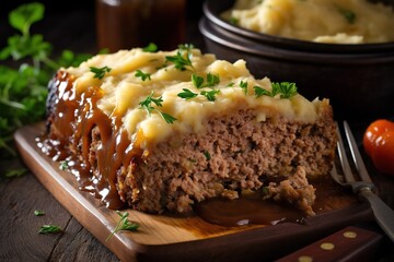 Traditional British meatloaf. Close up shop. Gourmet food photography. Generative AI
