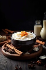 Food photography gourmet style of rise pudding. Generative AI Vertical shot