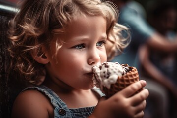 Little adorable girl eating ice cream. Close up shot. Generative AI