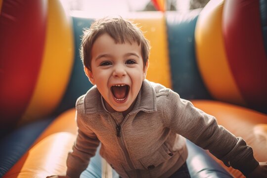 Toddler boy jumping in bouncy castle and having fun. Generative AI