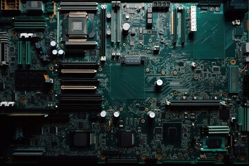 Top view of computer board from mother board in the inside. Textured background. Generative AI