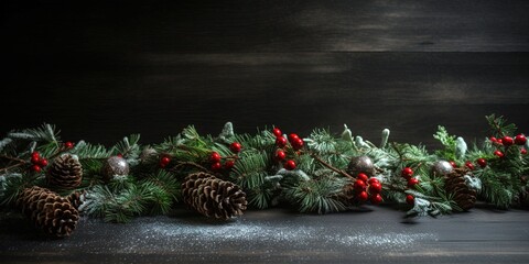 Christmas conceptual banner with copy space over dark wooden background. Generative AI