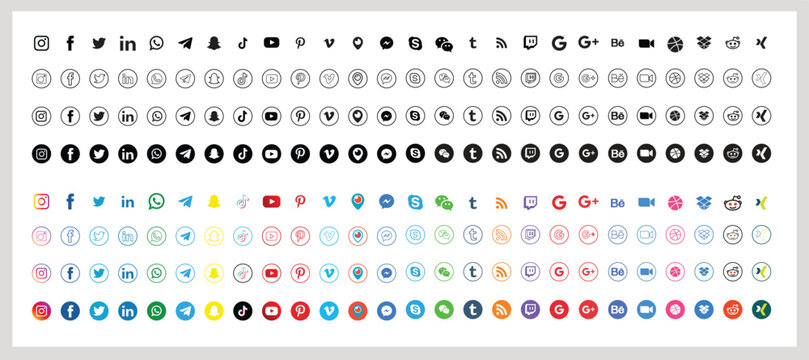 Sets of social media icons with rounded design on transparent background. Vector editorial