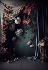 Dark vintage wall decorated with silk curtains and flowers