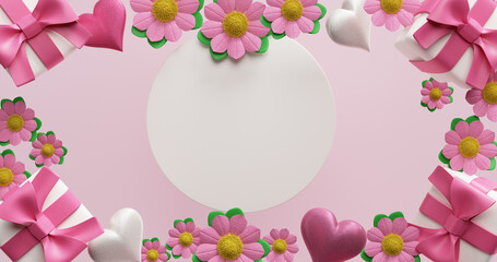 Mother's day celebration, valentine's wedding birthday. Empty white circle frame 3D rendering.