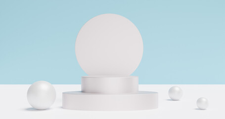 White pedestal podium with spheres on a blue background. Product advertisement. 3d rendering