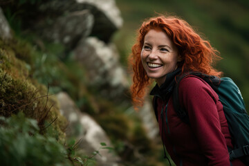 Naklejka premium Determination in action: photo of a redheaded woman climbing a mountain with courage and perseverance
