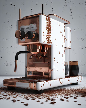 AI generated image of a retro coffee machine with beans spilling. 