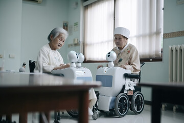 Obraz premium elderly asian woman with robots. Future geriatric care with robots. her caregiver, Generative AI