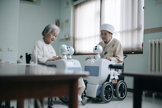 elderly asian woman with robots. Future geriatric care with robots. her caregiver, Generative AI