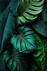 Green tropical leaf texture pattern background, Generative AI