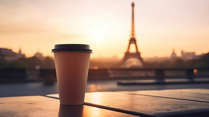 Take away coffe cup on cafe table in Paris. Generative AI