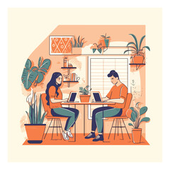 Working at home, coworking space, concept illustration. Young people, man and woman freelancers working on laptops and computers