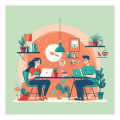 Working at home, coworking space, concept illustration. Young people, man and woman freelancers working on laptops and computers