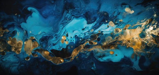 Abstract marble background, acryllic paint, shaded of blue texture supplemented with gold foil elements. Exclusive design, digital illustration, wallpaper texture. Generative AI. 