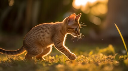 Playful Abyssinian kitten at sunset