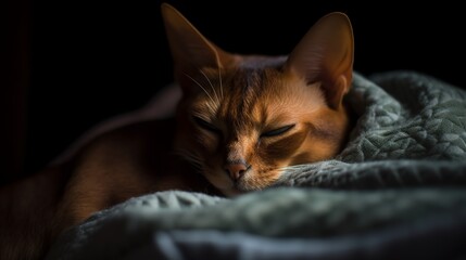 Sleepy Abyssinian in a cozy blanket