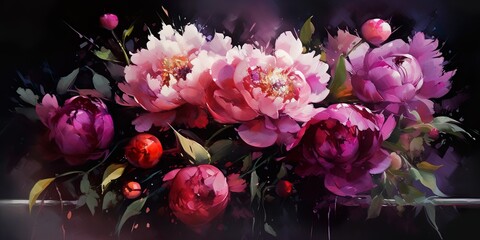 Watercolor painting of a bouquet of pink peonies - flower created with generative AI technology