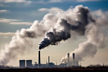 CO2 air pollution. Ecological problem, smoke coming out from big factory pipes. AI generated content