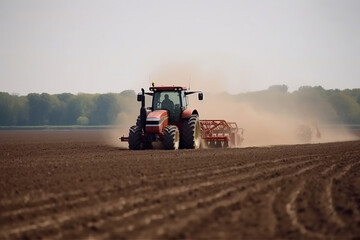 Obraz premium Farmer in tractor preparing farmland with seedbed for the next year. AI generated content