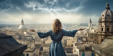 Young woman tourist standing with hands raised enjoying view on of Rome, Italy. vacation concept. digital art	 - obrazy, fototapety, plakaty