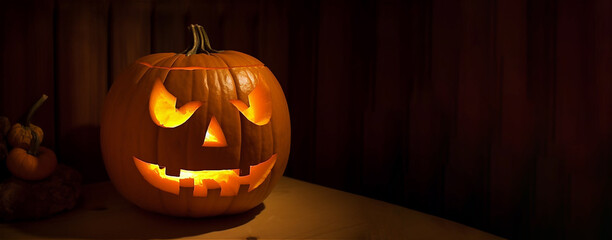 Carved Pumpkin on dark background for Halloween with copy space. AI generated content